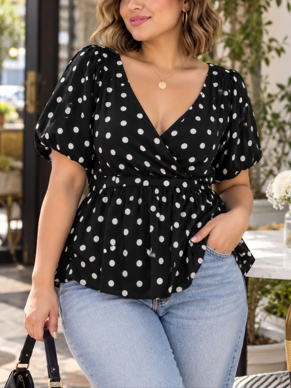 Penningtons  Polka Dot V-Neck Peplum Top Women's Size 1X